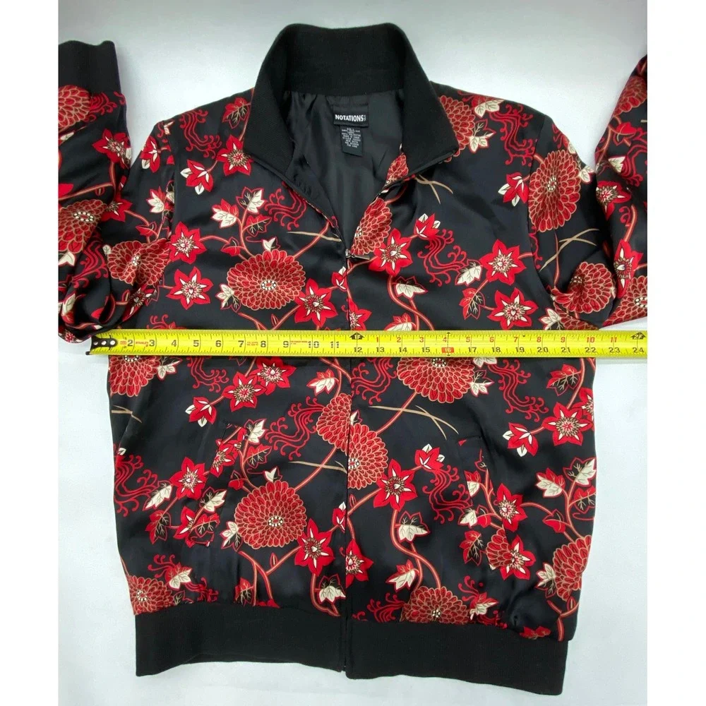 Notations Silk Bomber Jacket Womens Large Black Red Floral Chrysanthemum Zip Up - Picture 6 of 7